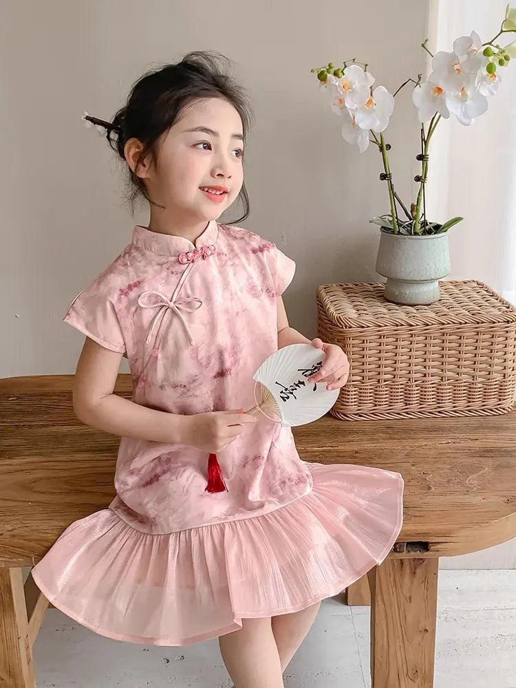 Sweet Pink Floral Kid’s Qipao Dress with Ruffle Hem