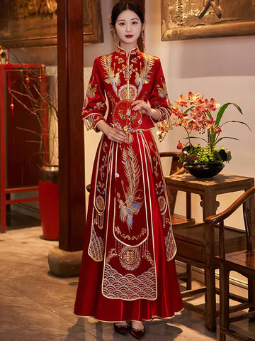 Traditional Red Chinese Bridal Xiuhe Phoenix Wedding Gown