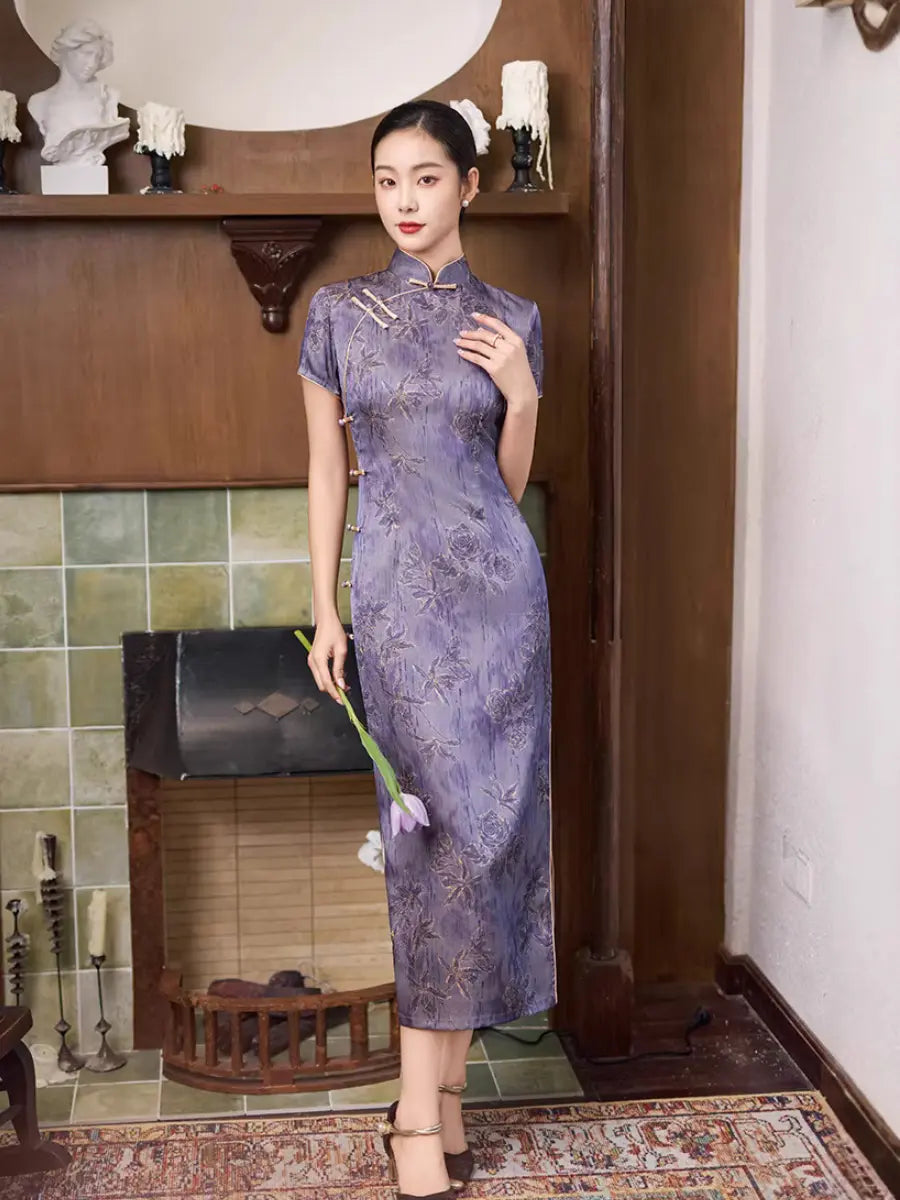 Qipao longue à fleurs lavande vintage