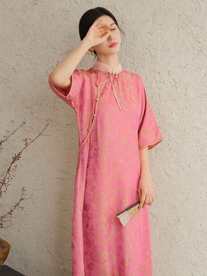 Purple Pink Jacquard Half Sleeve A-Line Cheongsam Dress