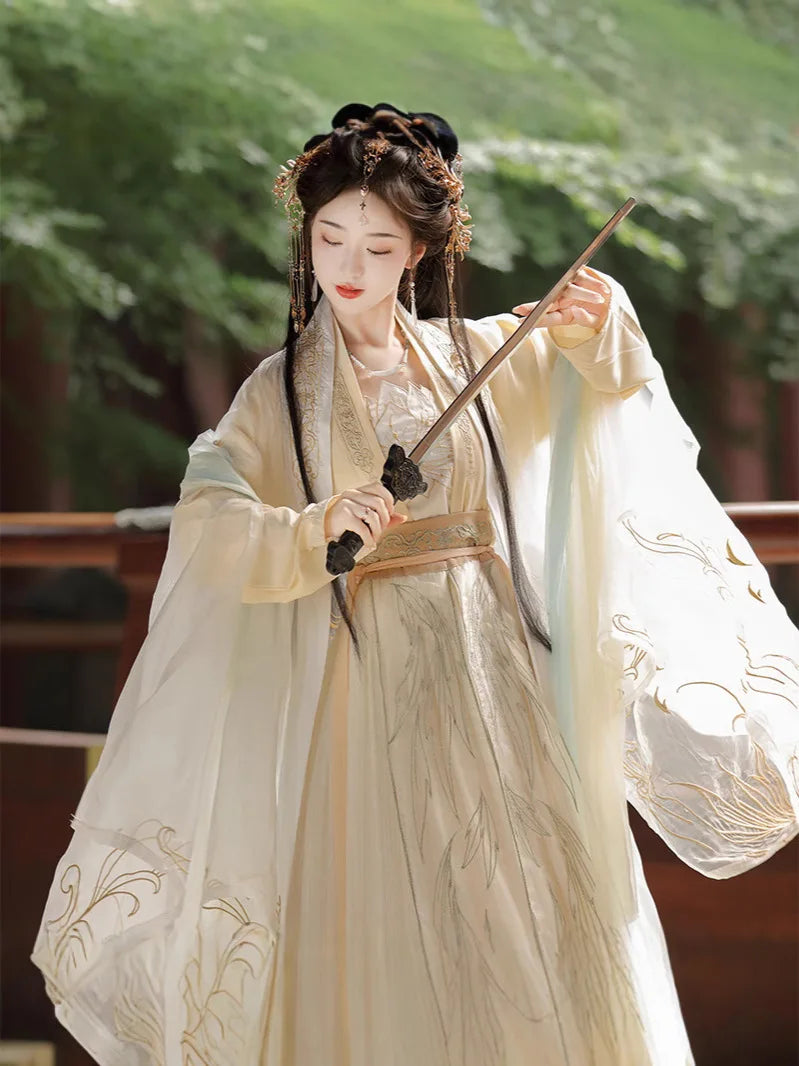 Elfenbeinweißes Hanfu-Kleid-Set aus der Song-Dynastie | Goldene Feder