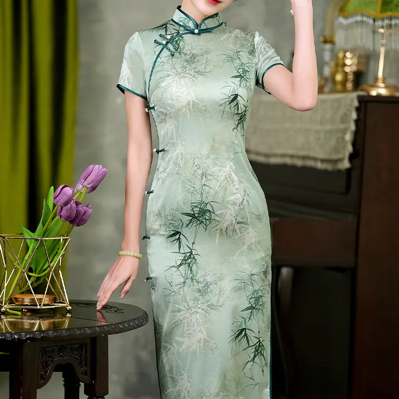Green Bamboo Leaves Print Silk Qipao Dress