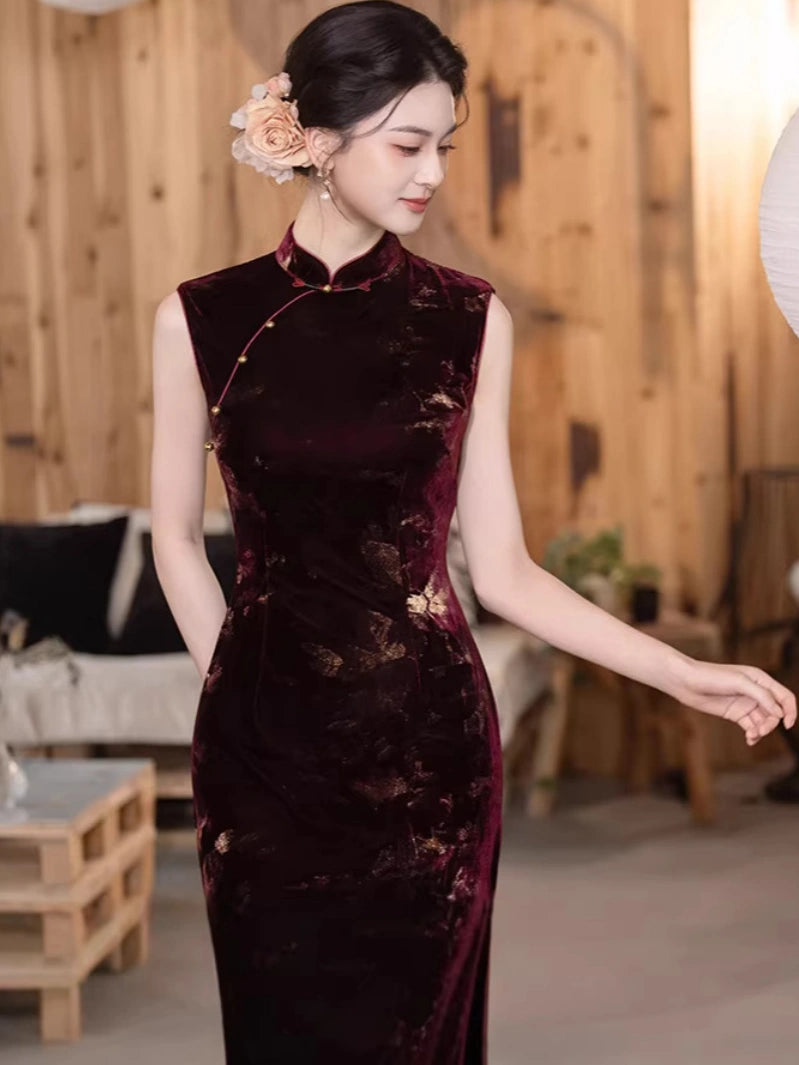Burgundy Velvet Gold Floral Burnout  Sleeveless Qipao