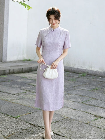 Modern Lavender A-line Short Sleeve Summer Qipao Dress