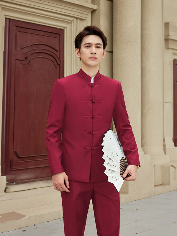 Modern Chinese Style Slim Fit Mandarin Collar Tang Suit Jacket Set