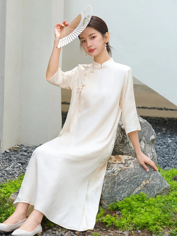 Ivory Loose  Qipao Cheongsam Dress – New Chinese Zen-Inspired Design