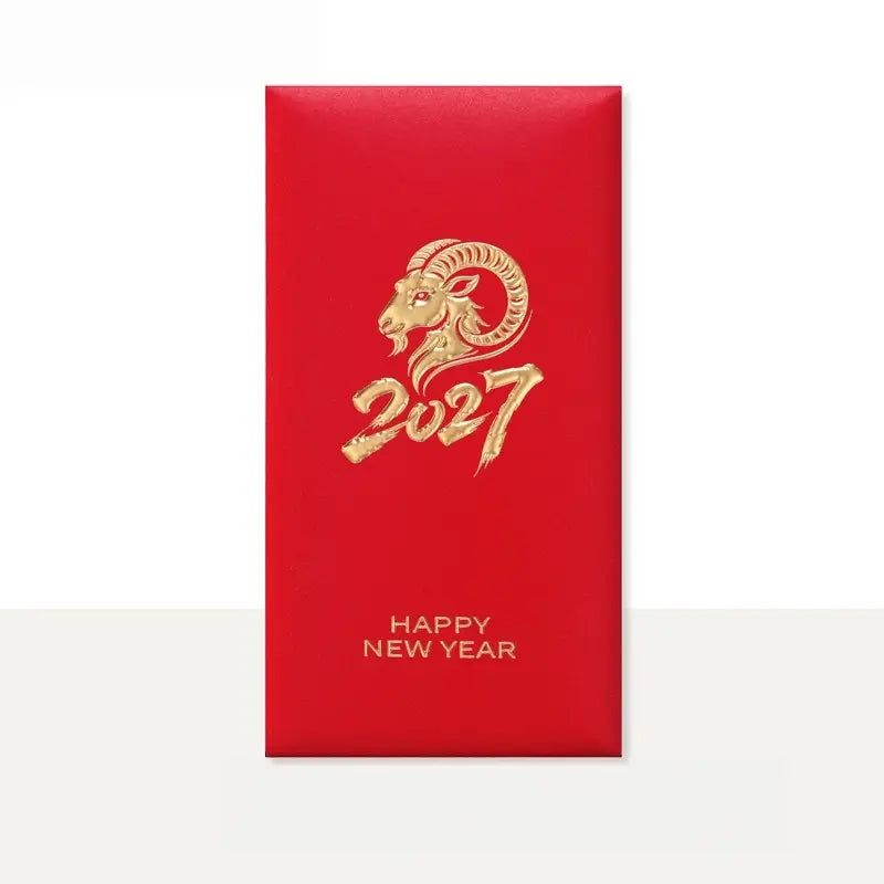 Personalizable 2027 Year of the Sheep / Goat Luxury Embossed Red Envelope with a gold ram illustration, the year 2027, and the text 'HAPPY NEW YEAR' on a clean white background.