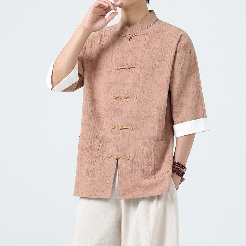 Men's Modern Chinese Style Half Sleeve Tang Suit Shirt