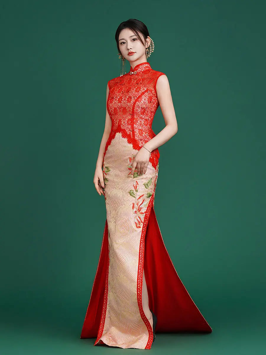 Modern Red Lace Overlay Jacquard Wedding Qipao with Train -Custom Size Available