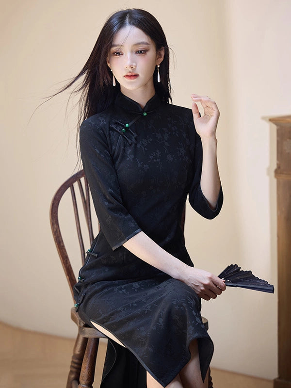 Modern Floral Cotton Jacquard Long Sleeve Qipao