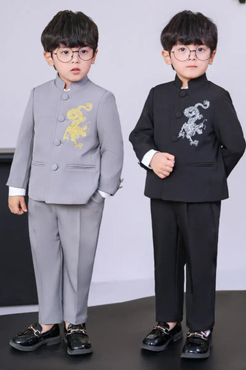 Boys' New Chinese Style Dragon Embroidered Zhongshan Suit Set