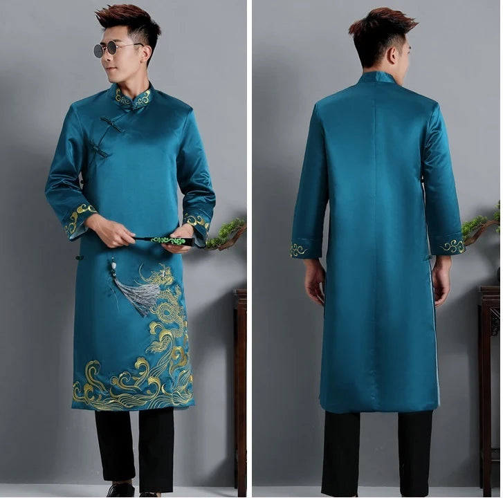 Teal blue Dragon Embroidered Men's Tang Jacket – Traditional Chinese Groom/Best Man Outfit  with intricate embroidery on a gray background