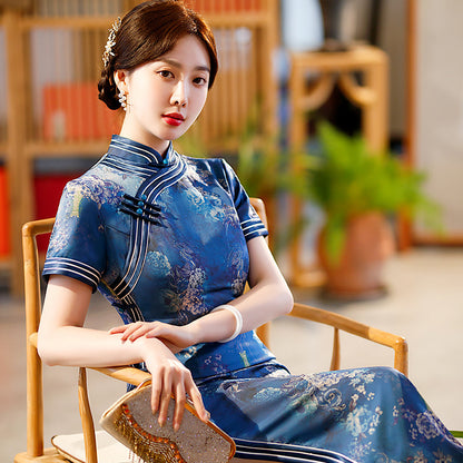 Blue Peony Floral Qipao Cheong Dress