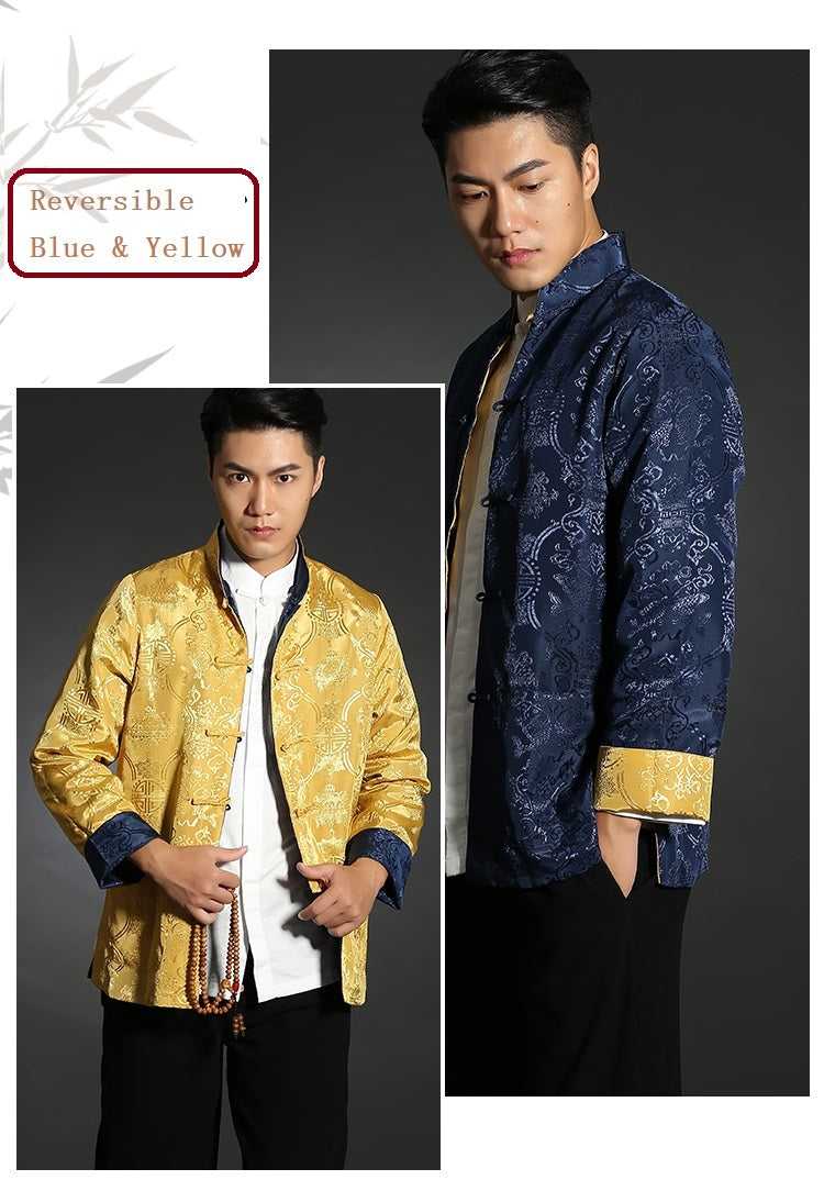 blue and yellow double-sided reversible chinese tang jacket suit
