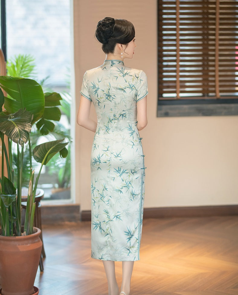 Chinese Green Bamboo Leaves Print Cheongsam Qipao Dress back