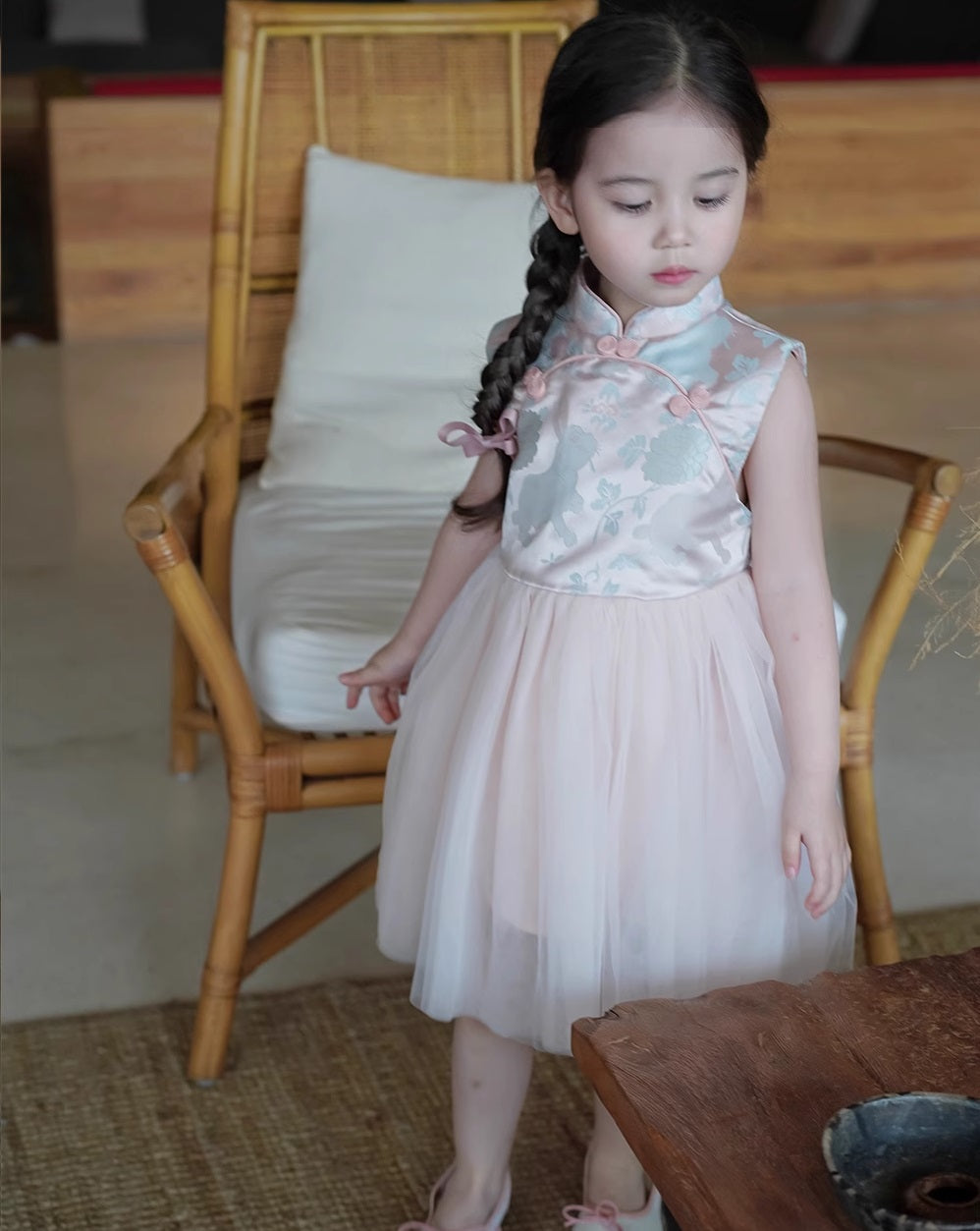 Robe Qipao Cheongsam en tulle satiné à fleurs roses pour enfant