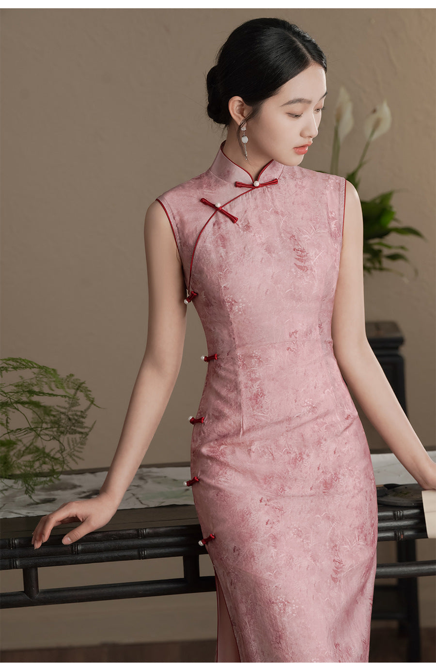 Pink Sleeveless Cheongsam Qipao Dress Blush