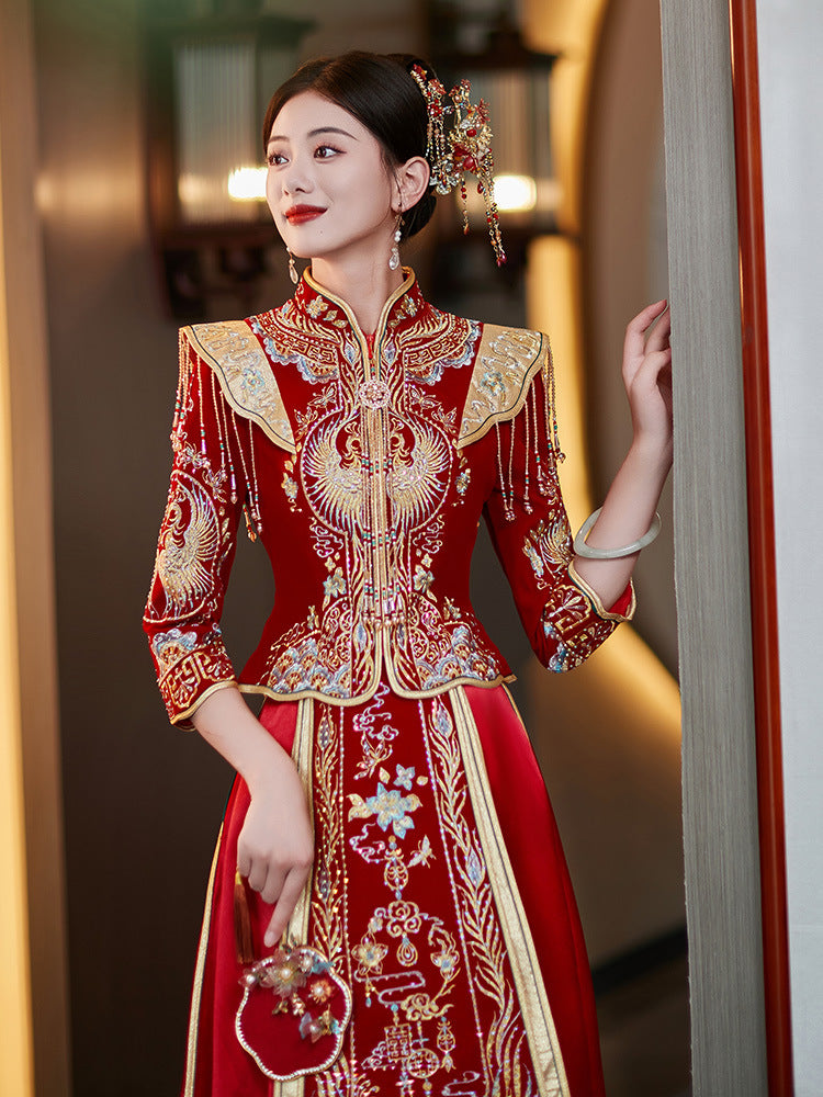 red gold traditional chinese bridal wedding qun kwa dress