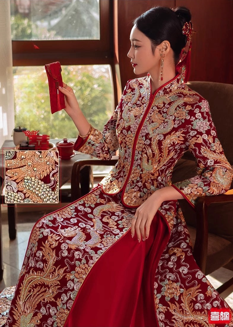  red traditional chinese wedding bridal dragon phoenix qun gua dress