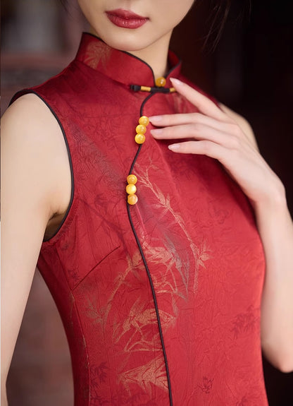 Robe Qipao Cheongsam en Jacquard Rouge sans Manches | Feuilles de Bambou