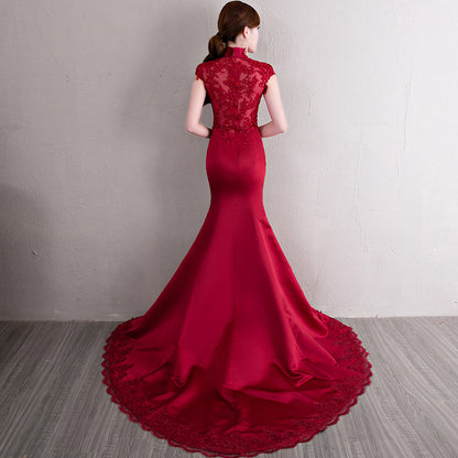 Chinese Red  Bridal Cheongsam Qipao Dress With Train (Custom Size)