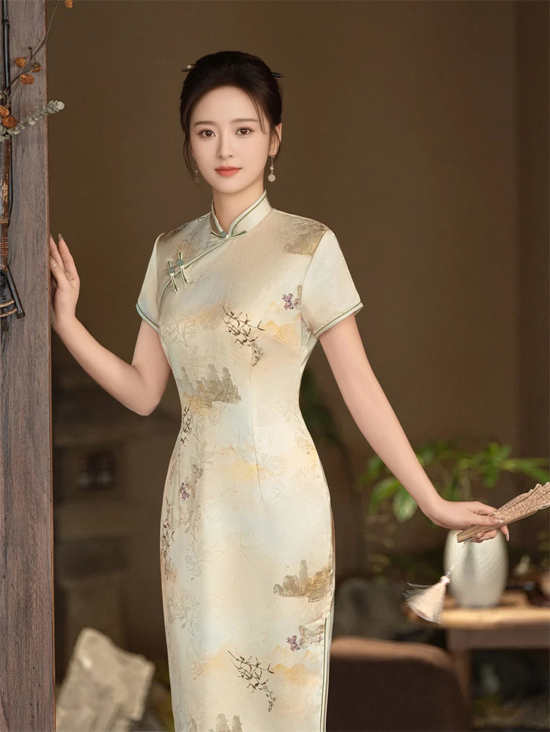 Robe Qipao Cheongsam à motif de roses blanches