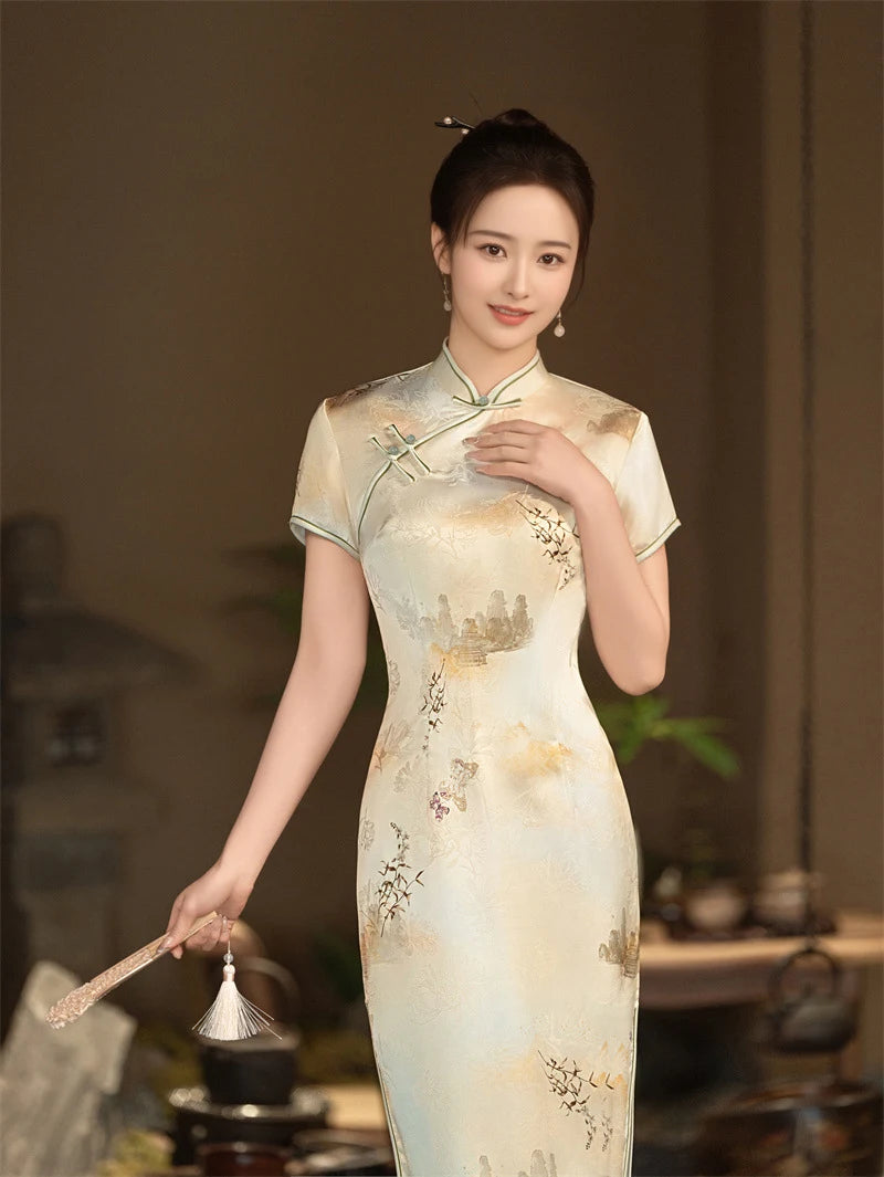 Robe Qipao Cheongsam à motif de roses blanches