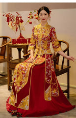 Red and gold  traditional Chinese Wedding pheonix  Qun Kwa Dress