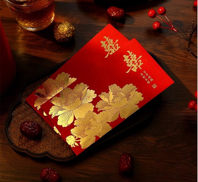 Double happiness peony flower chinese wedding red envelopes hongbao