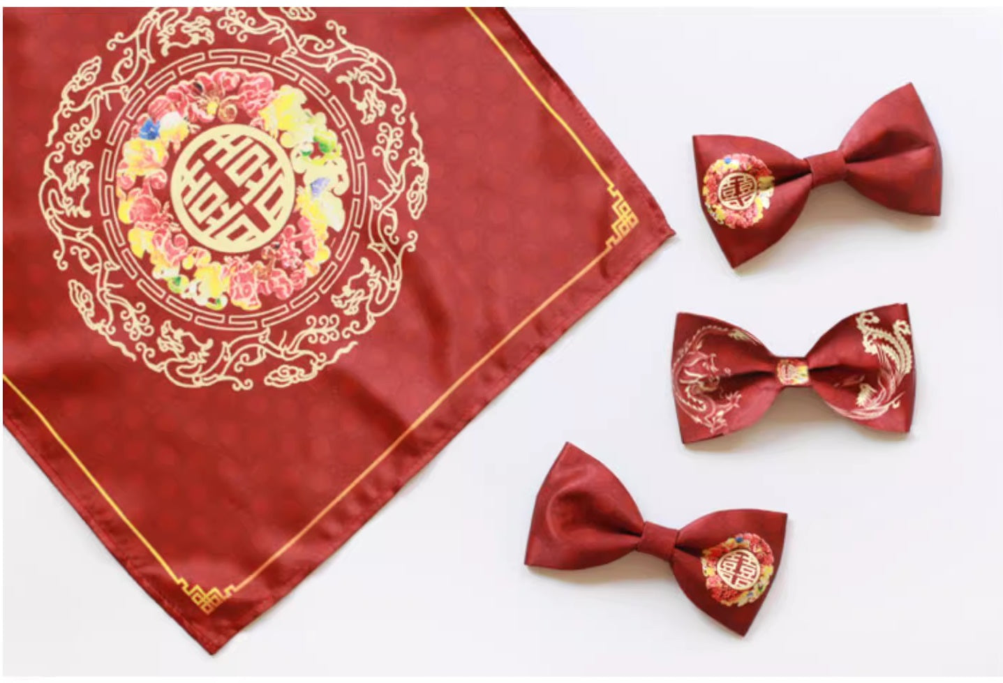 Dragon Phoenix double happiness bowtie and pocket square