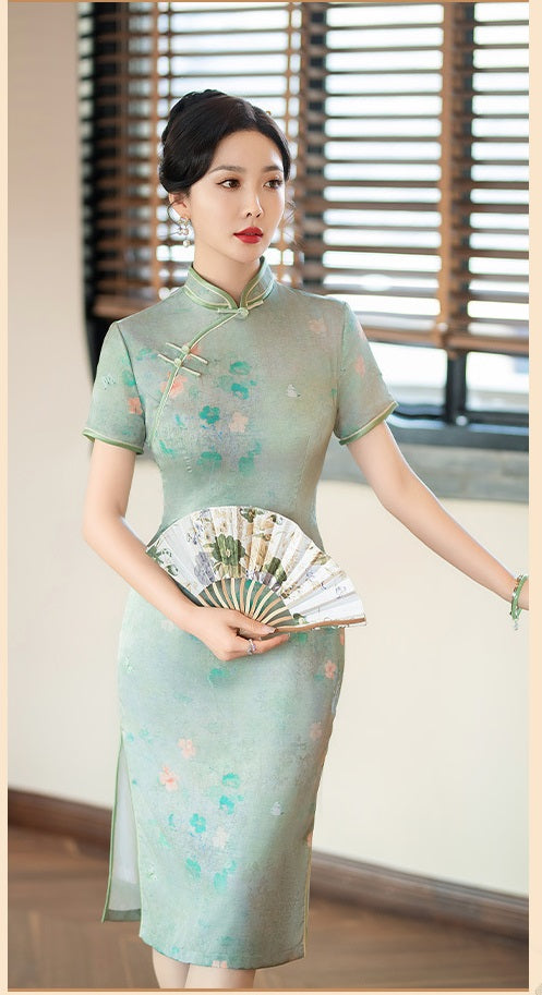 Chinese Short Sleeves Green floral qipao cheongsam dress