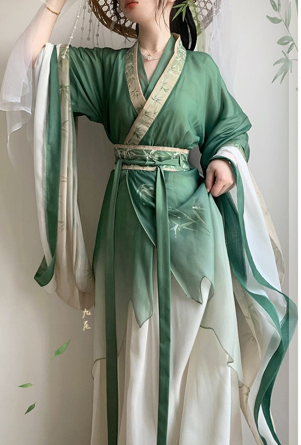 Green Bamboo Leaves Print Hanfu