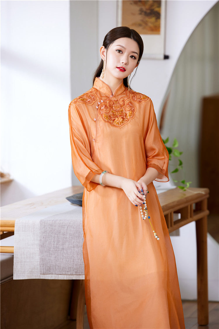 half sleeve orange modern loose cheongsam ress