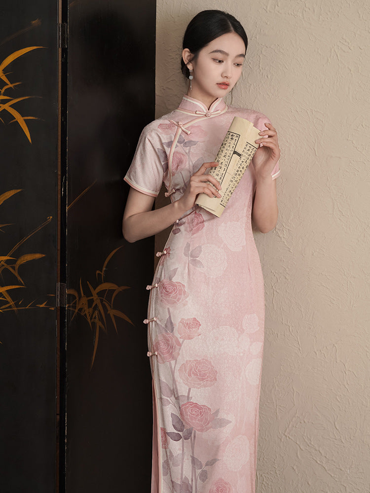 Short  Sleeves pink rose printed qipao cheongsam dress full length model standing
