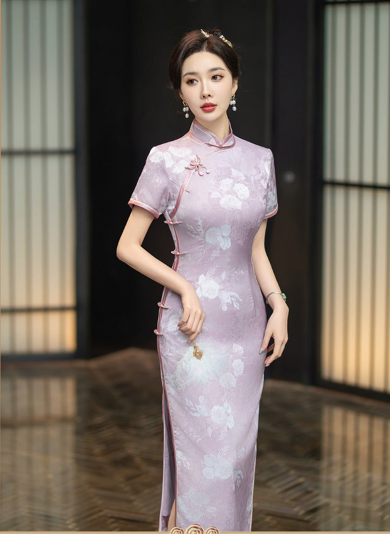 Purple Floral Cheongsam Qipao Dress