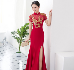 Red Chinese wedding bridal floor length mermaid qipao