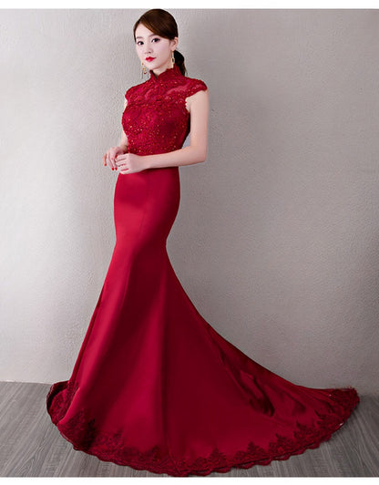 Model in Red bridal qipao cheongsam facing left