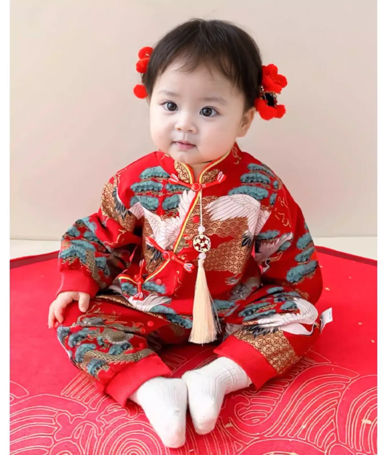 red traditional chinese Red Long Sleeves Baby Romper