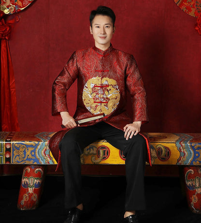 Red chinese groom dragon tang jacket front 1