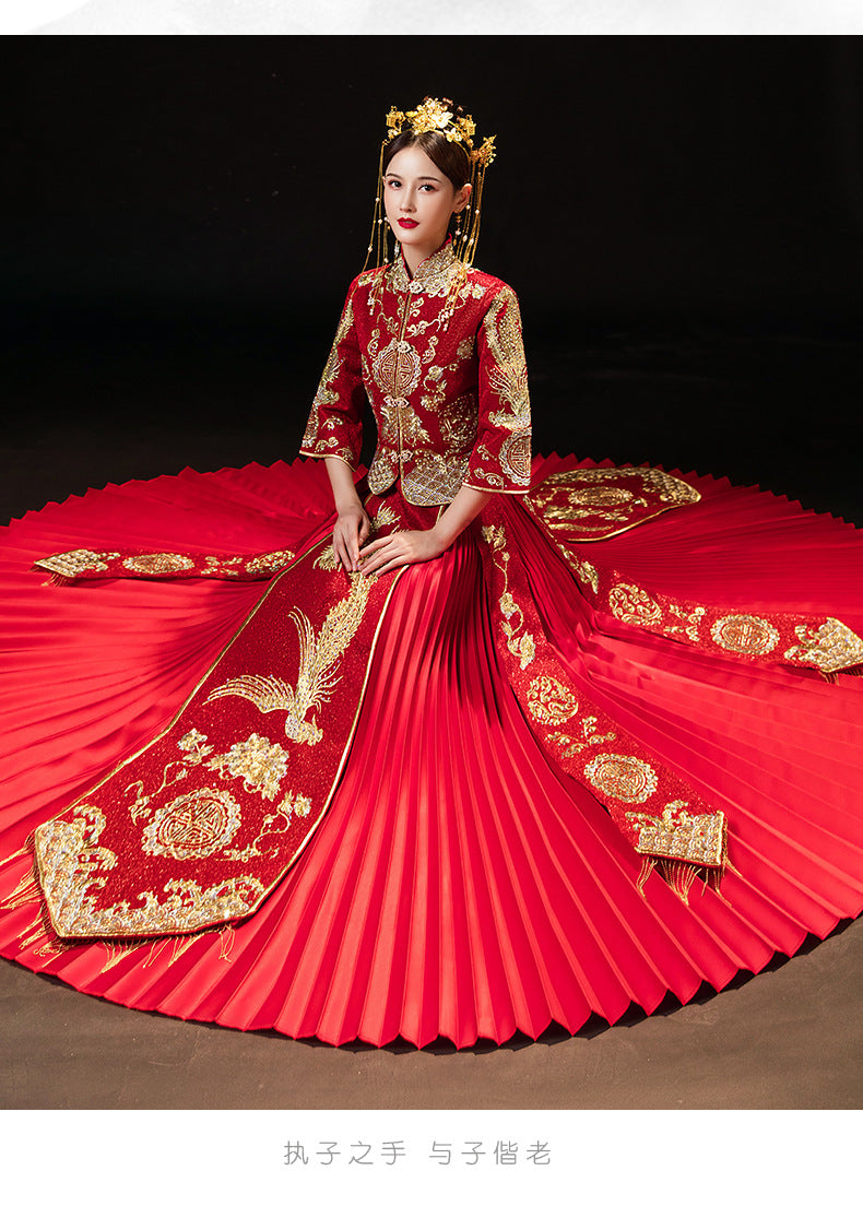 Red chinese wedding phoenix qun kwa dress