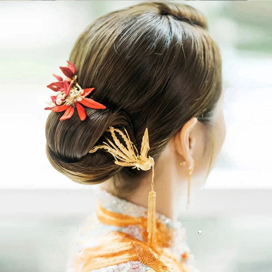 Chinese golden phoenix hair stick and red thread wrapping flower hair pin