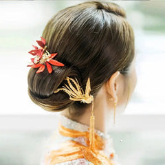 Chinese bridal Golden Phoenix Hair stick and 'Chanhua'  Thread Wrapping Flowers