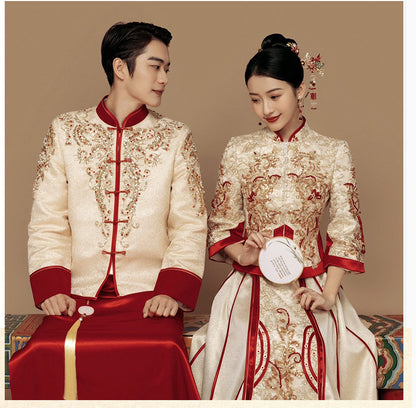 Red and gold traditional chinese wedding qun kwa dress and tang jacket ma gua set