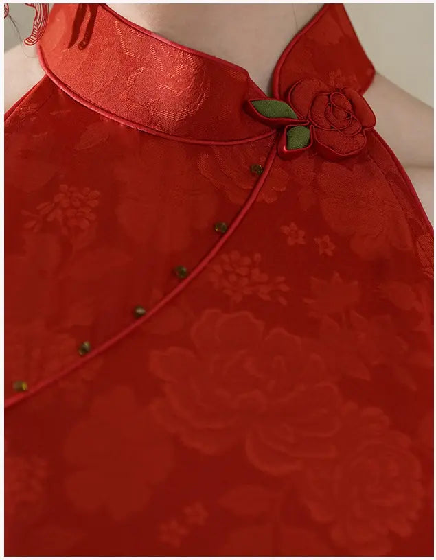 Red Floral Jacquard Halter Modern Bridal Qipao Dress