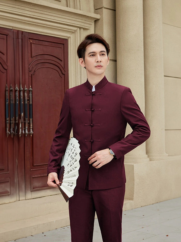 Modern Chinese Style Slim Fit Mandarin Collar Tang Suit Jacket Set