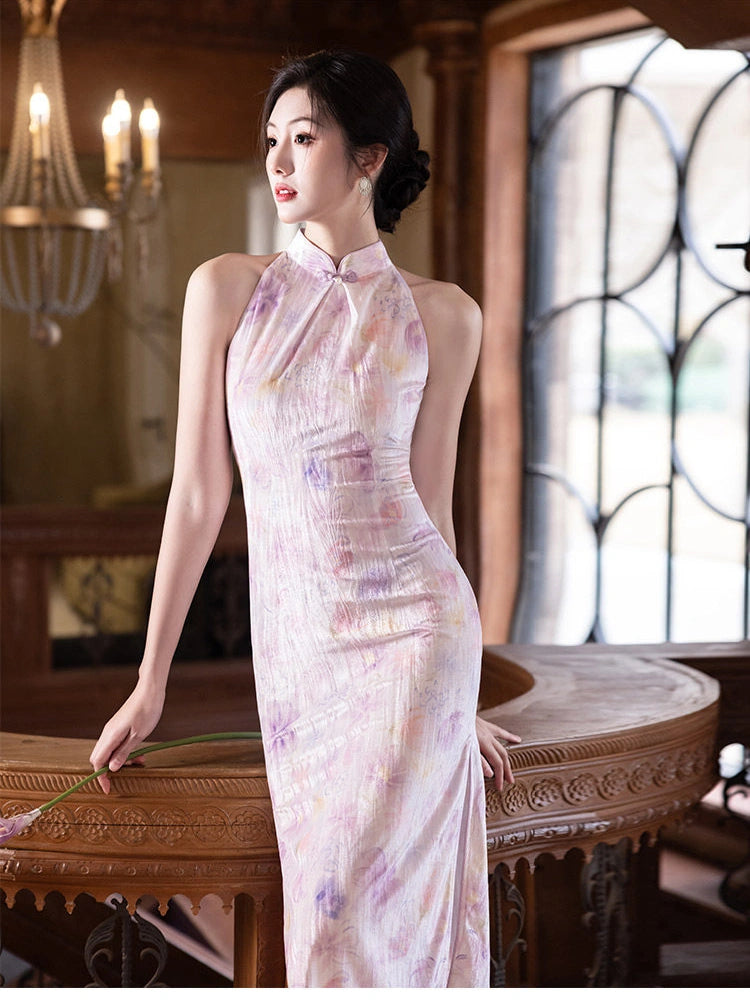 Modern Halter Neck Floral Velvet Qipao Dress