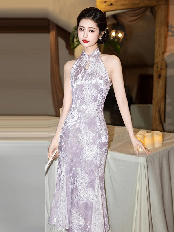 Qipao sirène moderne en dentelle et sequins lavande à col licou