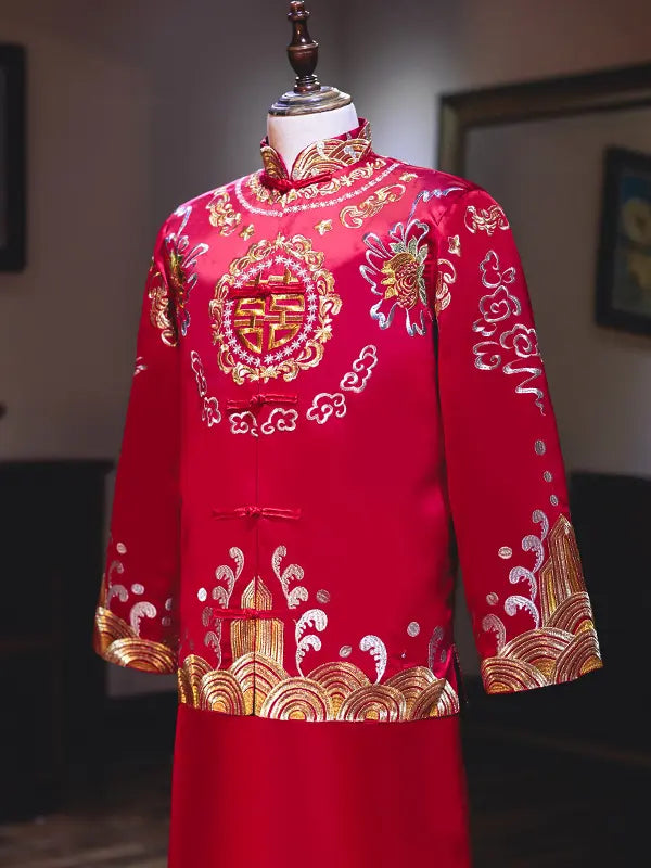Robe de marié traditionnelle chinoise rouge et or à double bonheur (Tang Suit)