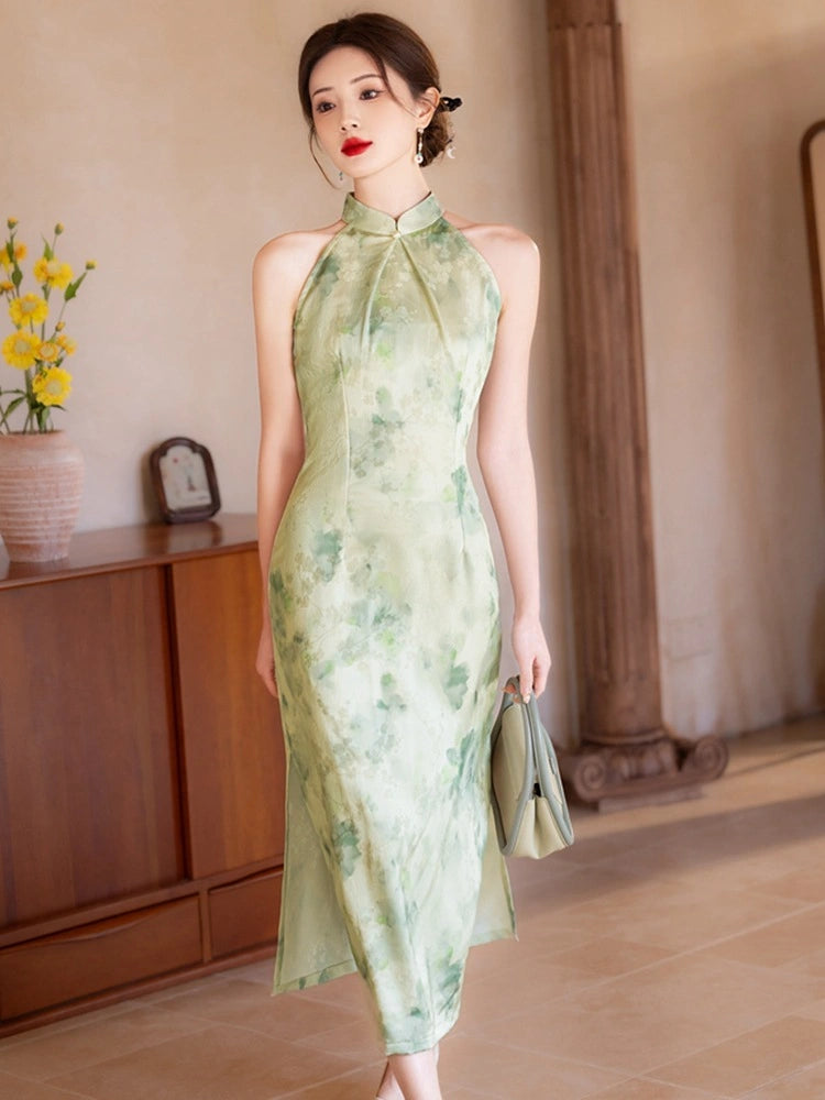 Modern Halter Neck Floral Jacquard Qipao Dress