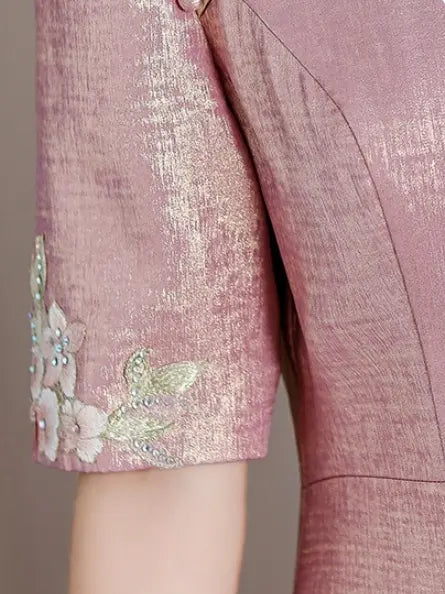 Lustrous Rose-Pink Embroidered Floral A-Line Qipao